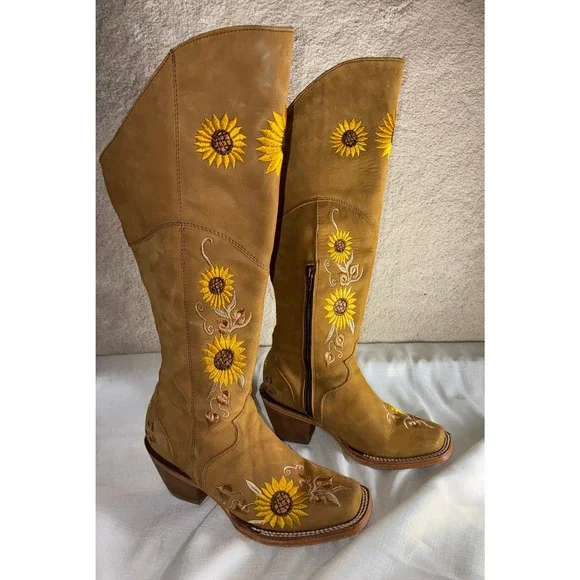 El General 1901 Sunflower Embroidered Tall Western Boots Tan Leather Womens 6 - Picture 1 of 13